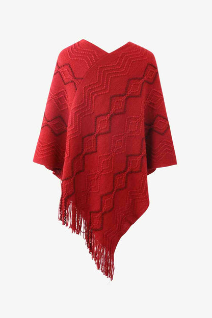 Pearl Trim V-Neck Fringe Hem Poncho