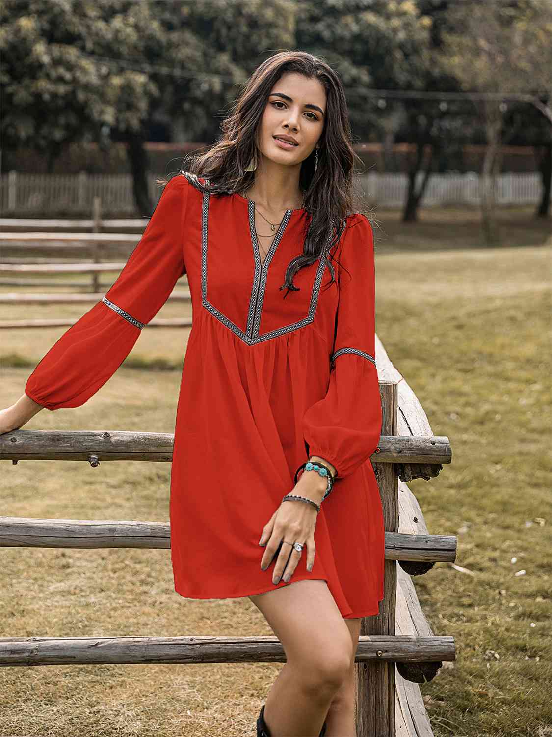 Notched Balloon Sleeve Mini Dress