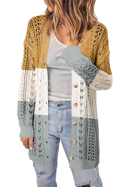 Double Take Openwork Ribbed Cuff Longline Cardigan