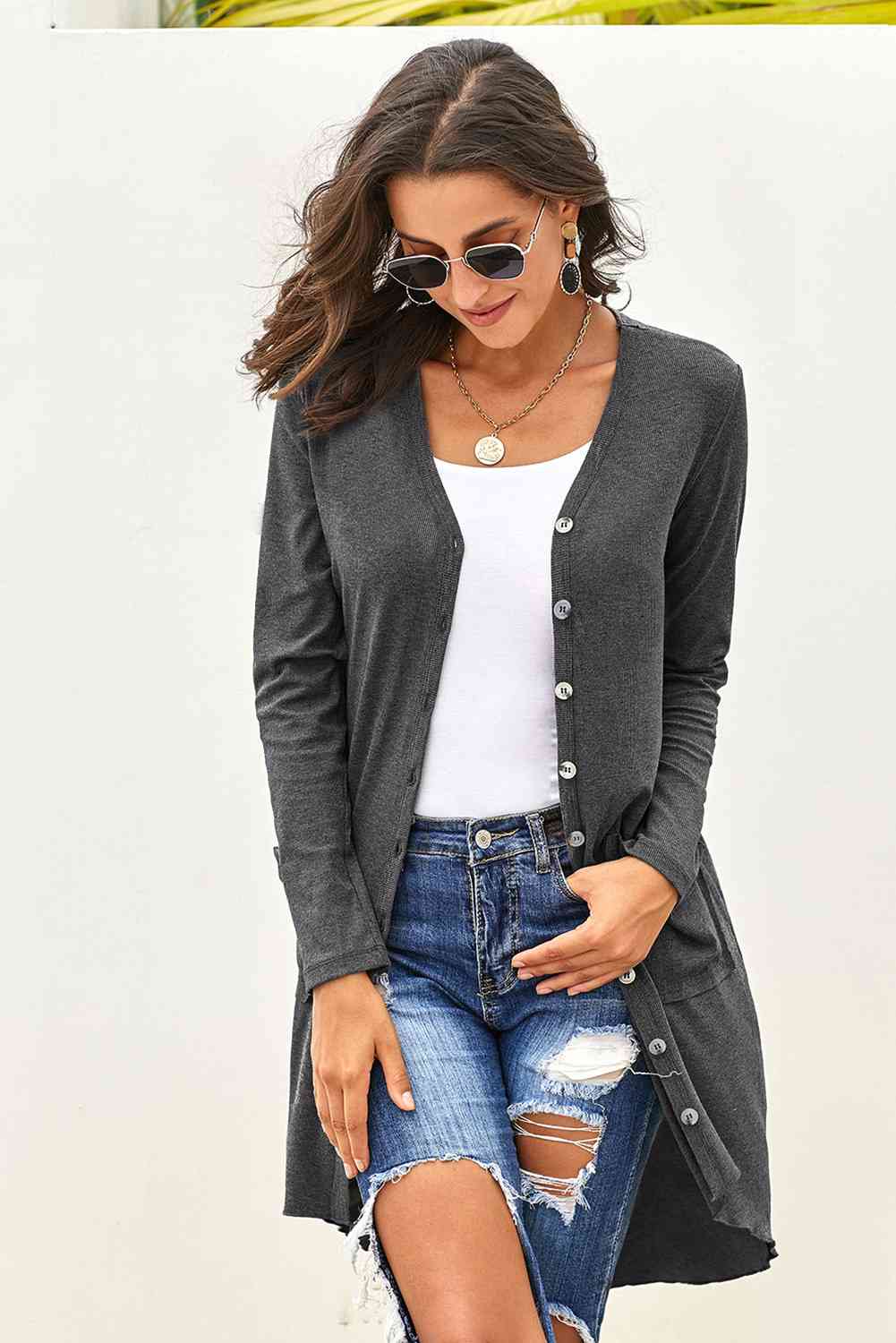 V-Neck Long Sleeve Cardigan with Pocket