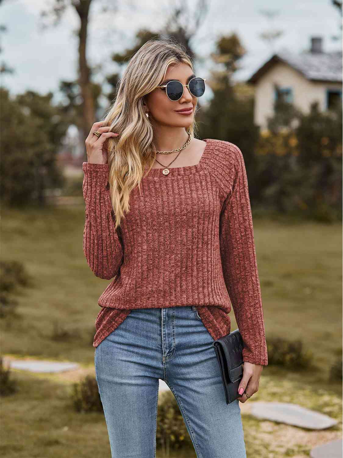 Full Size Ribbed Square Neck Long Sleeve T-Shirt