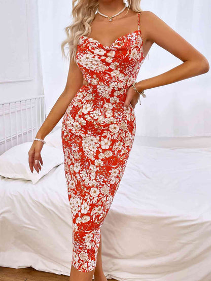 Robe midi sans manches à col bénitier et imprimé floral