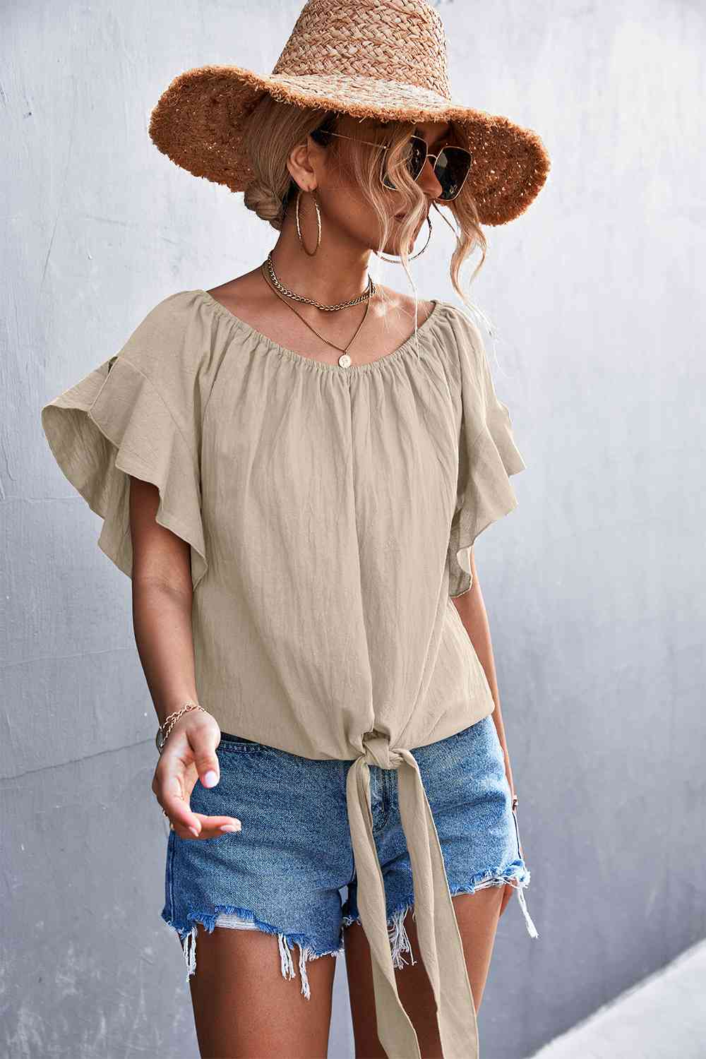 Flutter Sleeve Tie-Front Blouse