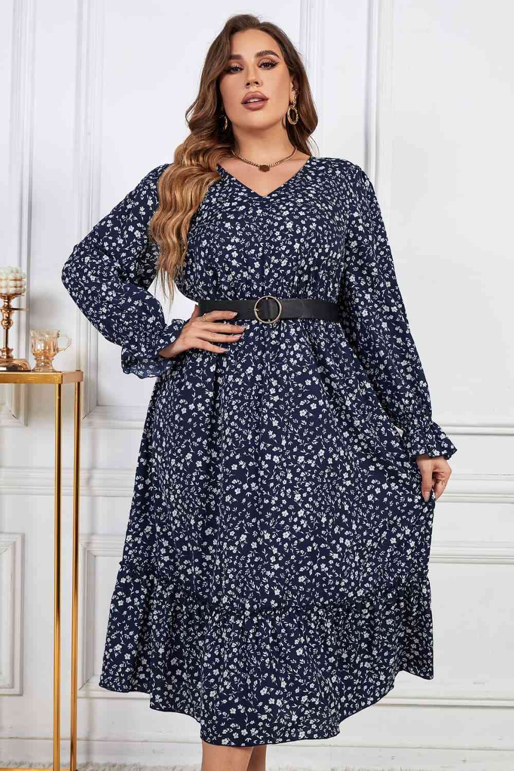 Melo Apparel Robe mi-longue à imprimé floral et manches à volants, grande taille, col en V