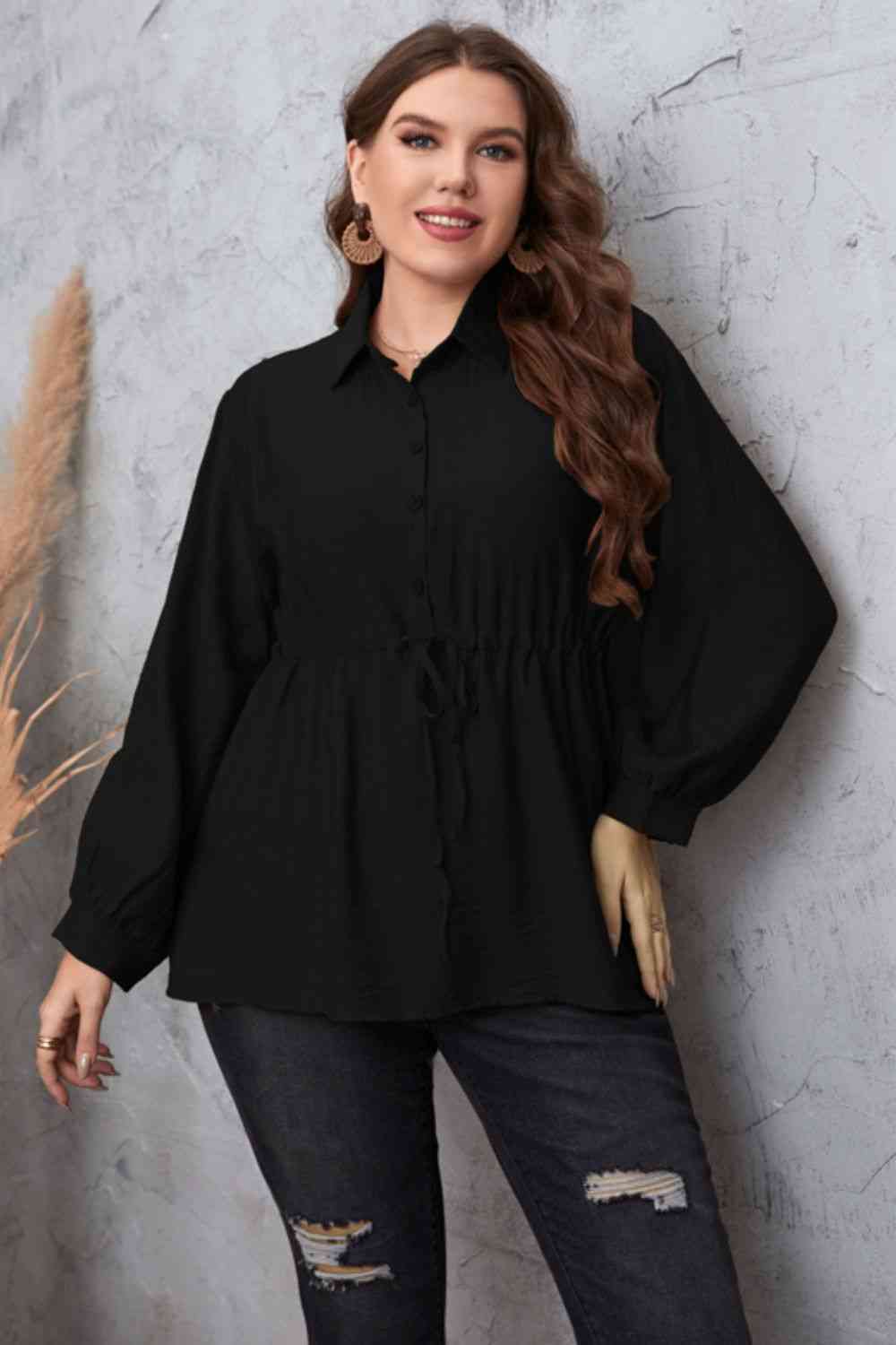 Blusa babydoll con cuello y cintura con cordón y talla grande