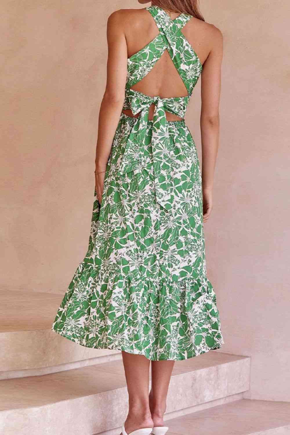 Robe midi florale croisée nouée au dos