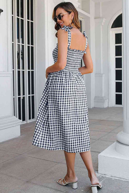 Plaid Frill Trim Tie Shoulder Dress