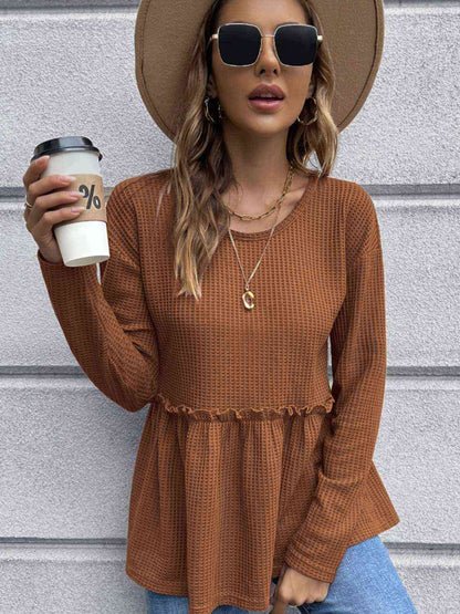 Waffle-Knit Long Sleeve Peplum Blouse