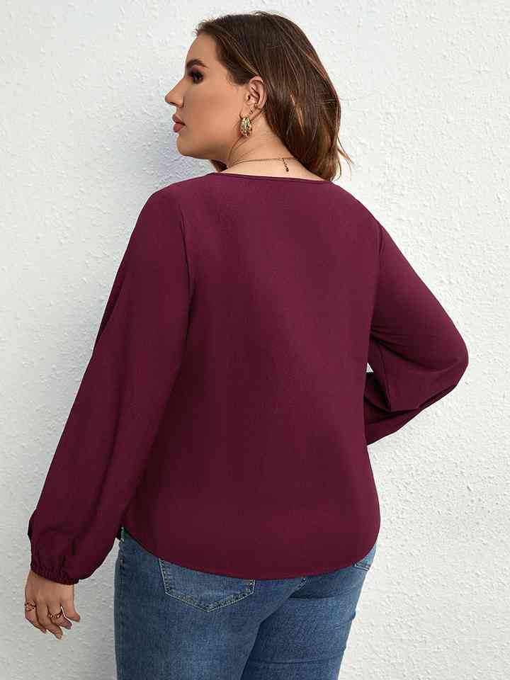 Blusa de manga larga con cuello redondo y cintura anudada de talla grande