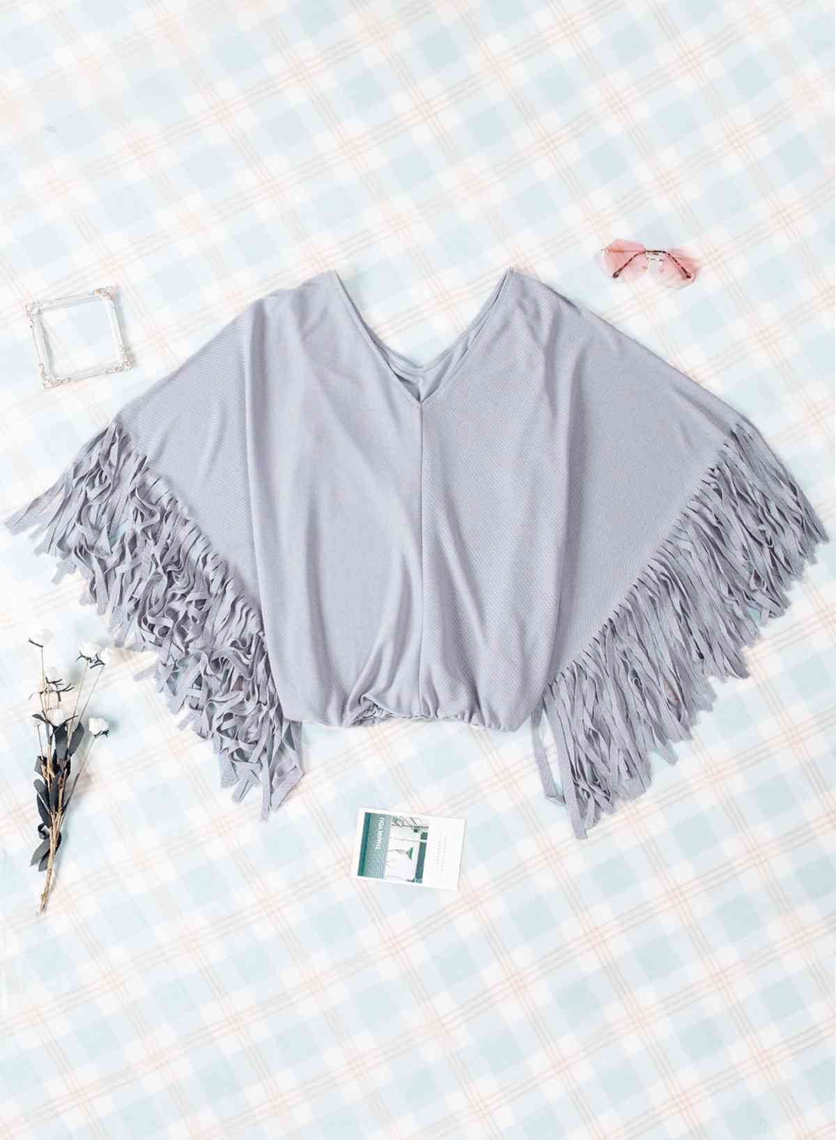 Fringe Trim Center Seam Dolman Sleeve Top