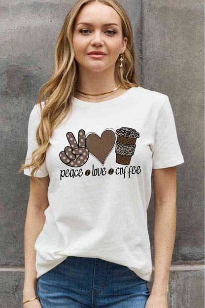 Camiseta de algodón con gráfico PEACE LOVE COFFEE de tamaño completo de Simply Love