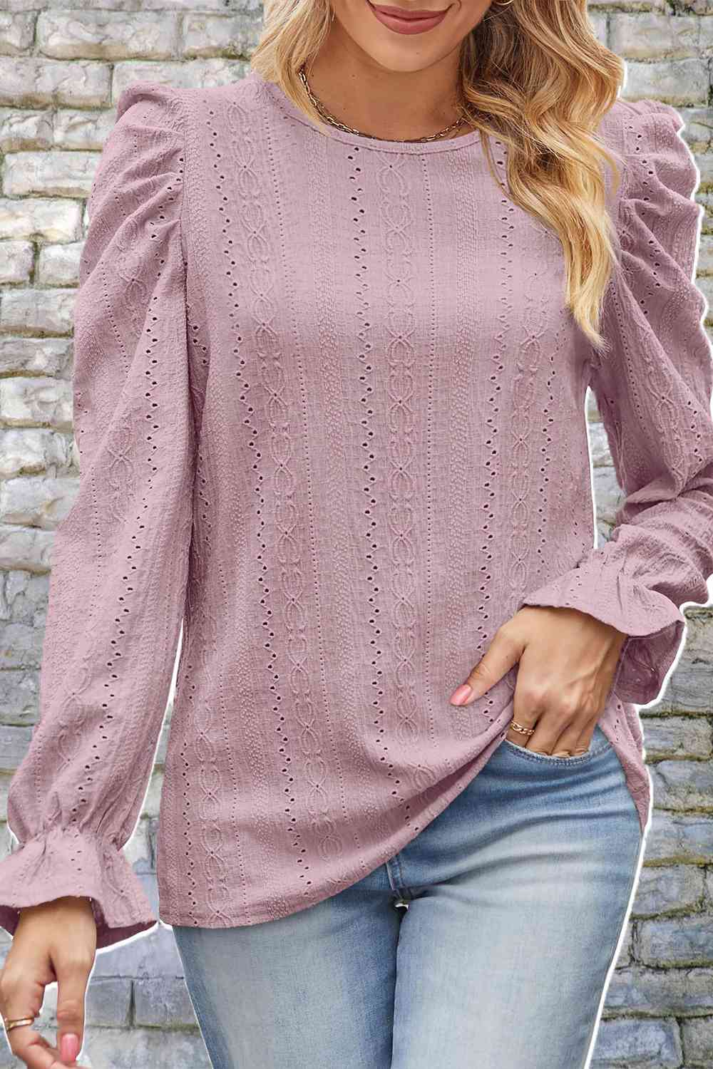 Blusa con cuello redondo y manga abullonada