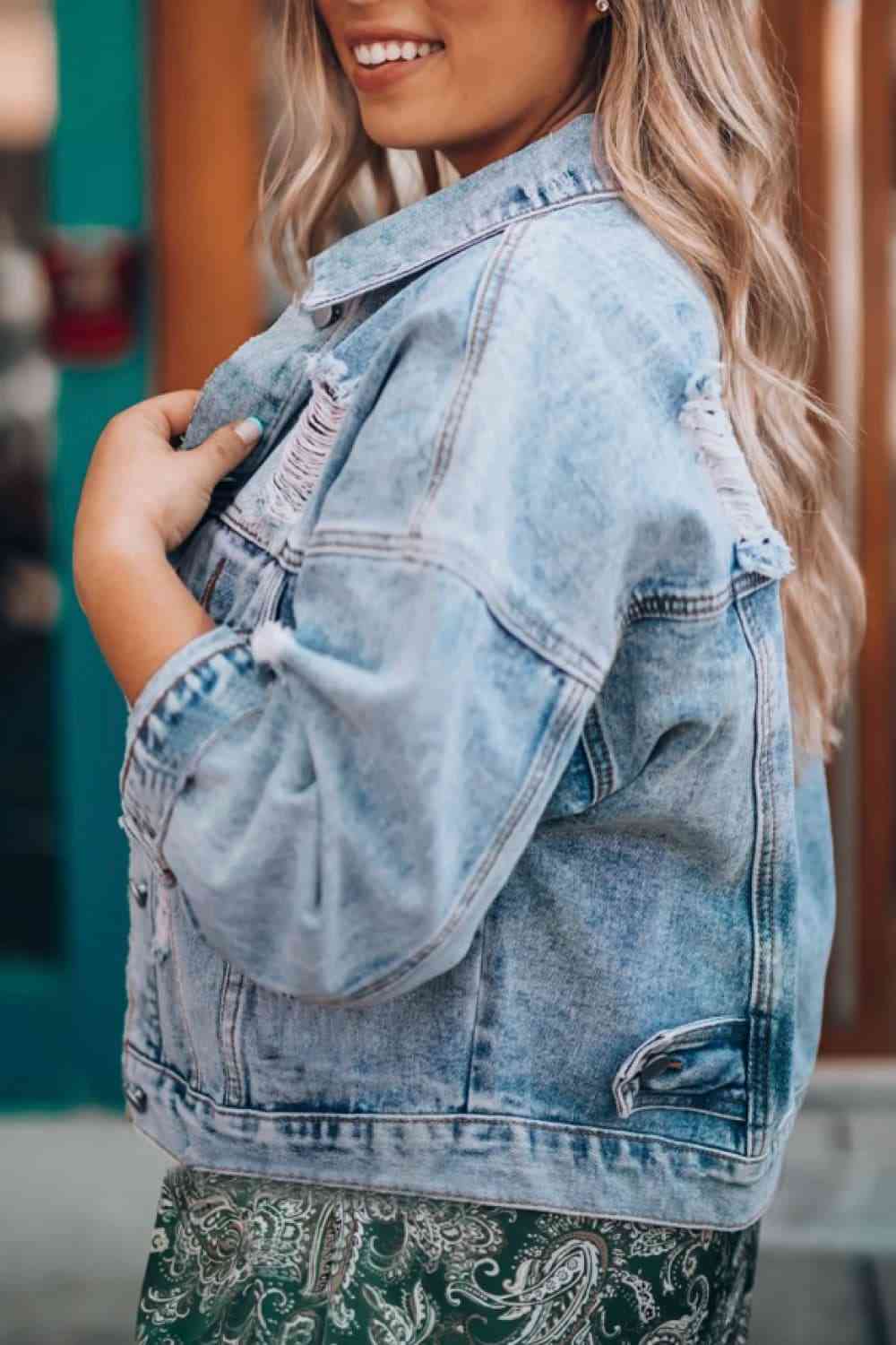 Veste en jean effet vieilli à épaules tombantes