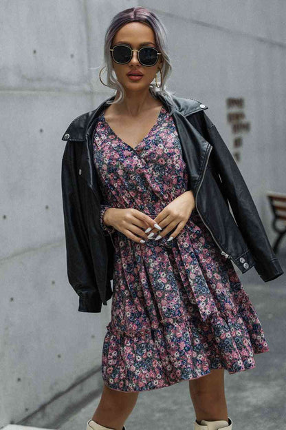 Floral Print Tie Waist Surplice Neck Mini Dress