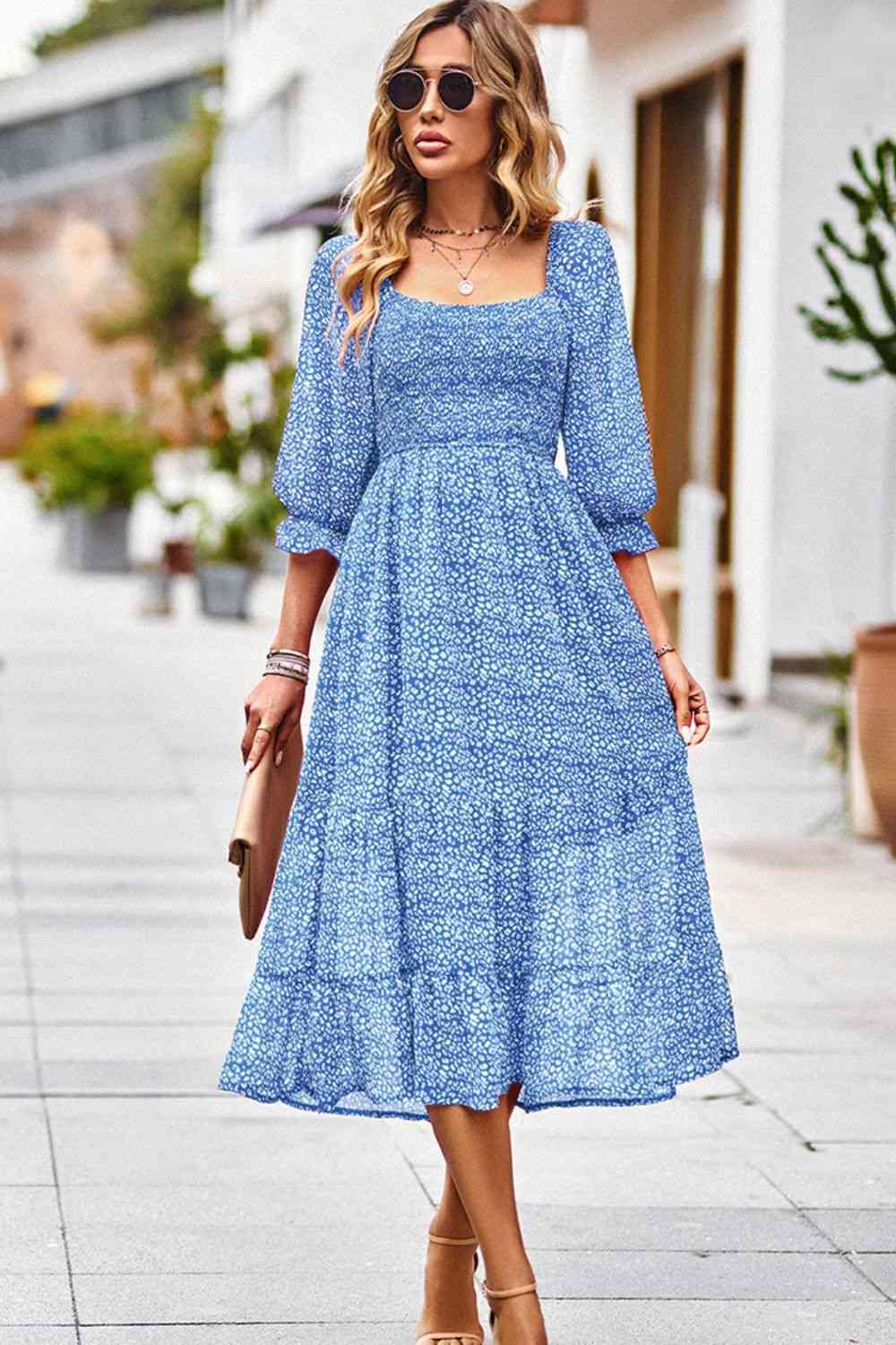 Leopard Square Neck Flounce Sleeve Midi Dress