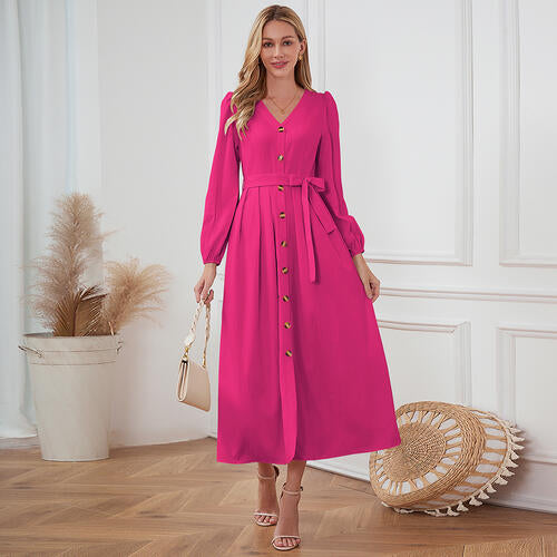 V-Neck Button Up Tie Front Long Sleeve Dress