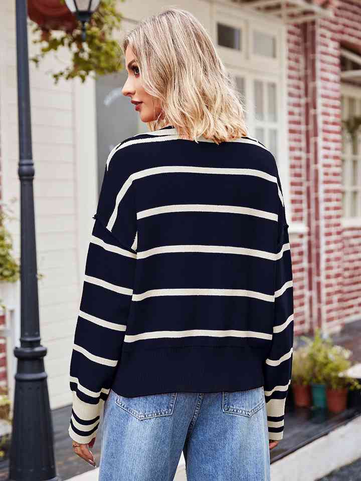 Striped Dropped Shoulder Notched Neck Knit Top