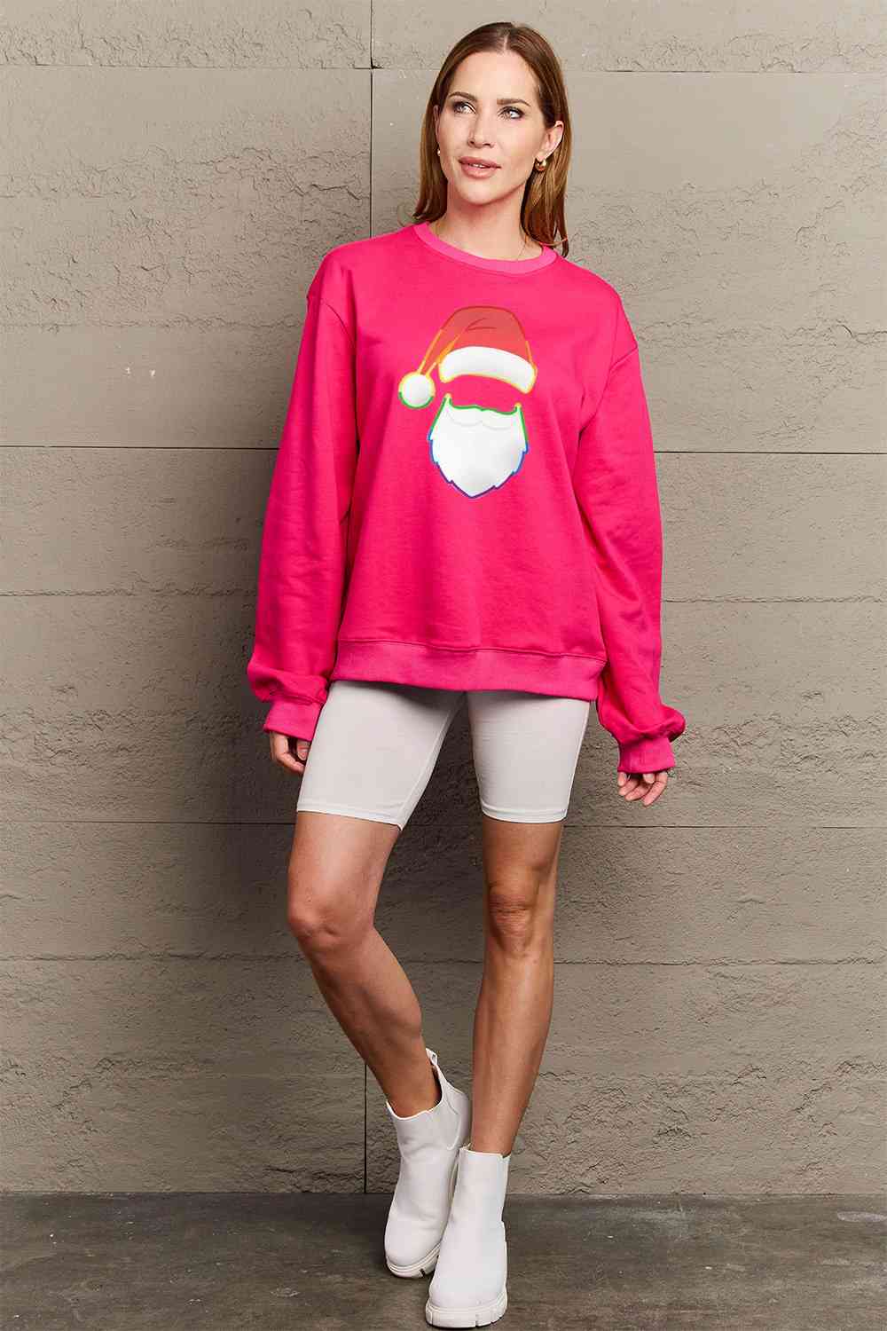 Simply Love Full Size Rainbow Santa Graphic Round Neck Sweatshirt