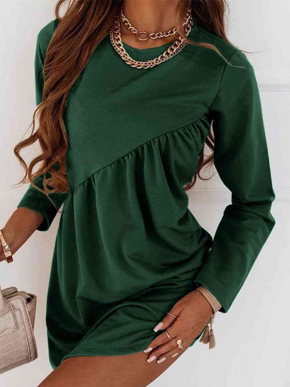 Ruched Round Neck Long Sleeve Dress