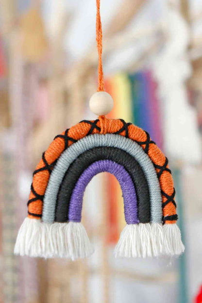 Porte-clés en coton et perles de bois en forme d'arc-en-ciel en macramé à franges