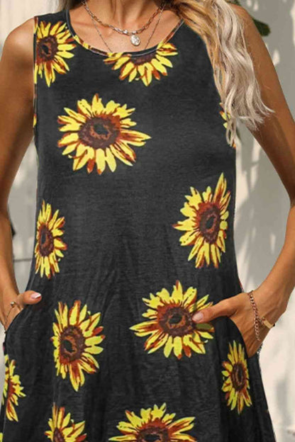 Vestido estampado sin mangas con cuello redondo y bolsillos