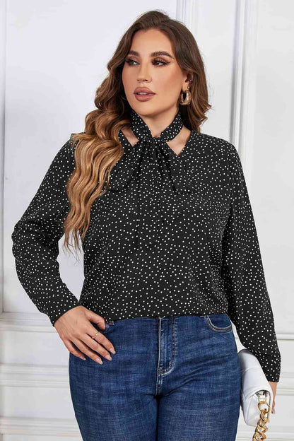 Melo Apparel Blusa de manga larga con cuello anudado y estampado de talla grande