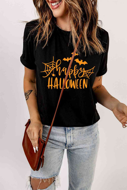 Camiseta gráfica FELIZ HALLOWEEN de manga corta con cuello redondo