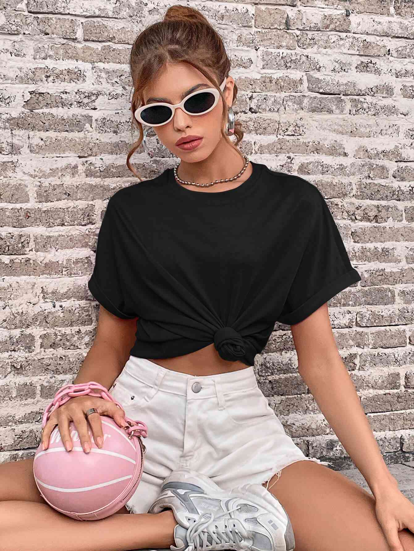 Round Neck Cuffed Sleeve T-Shirt