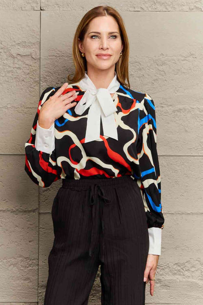 Printed Tie Neck Puff Sleeve Blouse