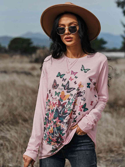 Butterflies Print Long Sleeve Round Neck Tee