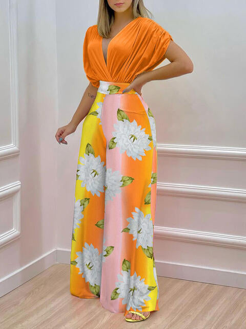 Printed Surplice Top and Wide Leg Pants Set