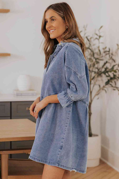 Minivestido denim con cuello con cuello y mangas con volantes