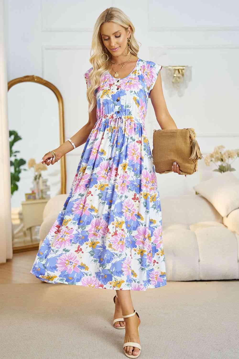 Robe midi trapèze fleurie à col en V