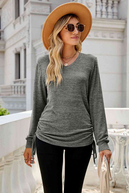 Heathered Drawstring V-Neck Top