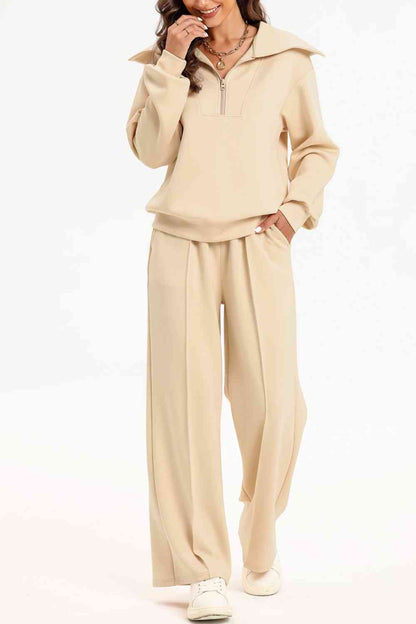 Half Zip Collared Neck Sweatshirt and Pants Set