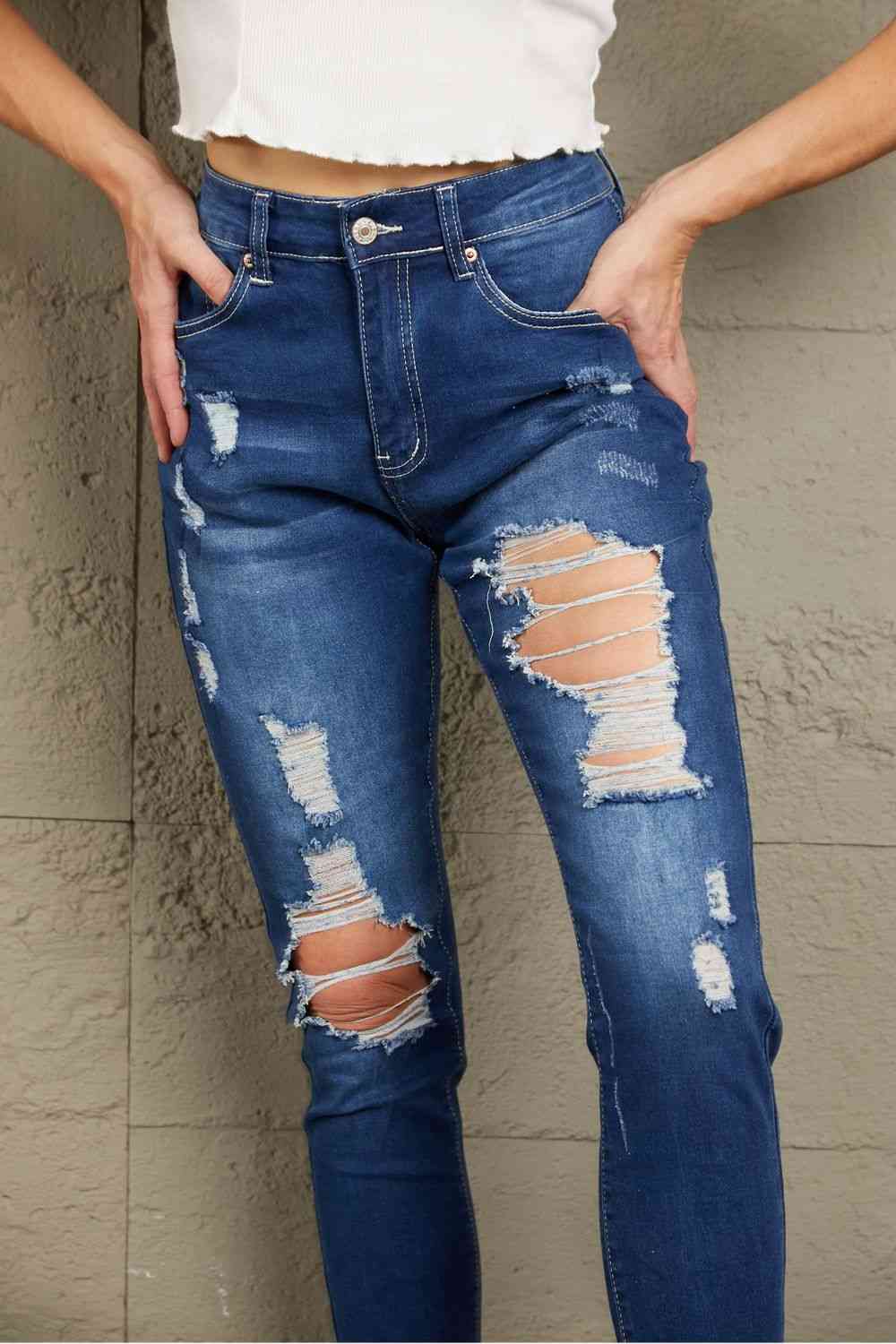 Jean taille haute effet vieilli Baeful avec poches