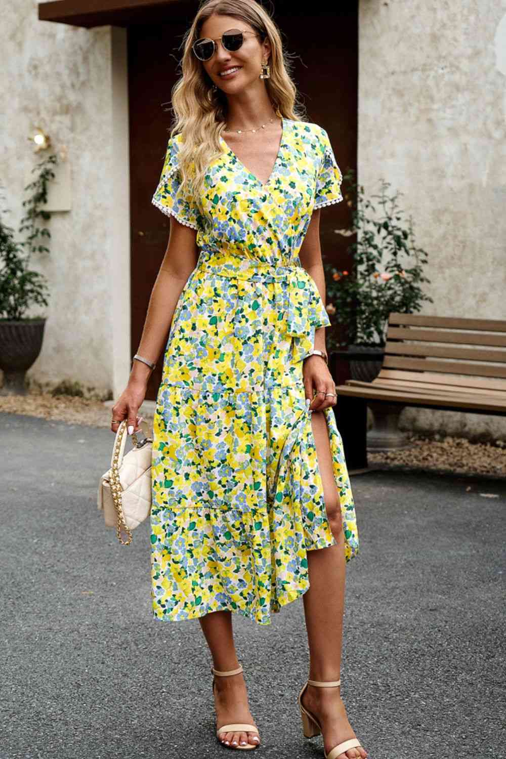 Floral Surplice Neck Tie Waist Slit Dress