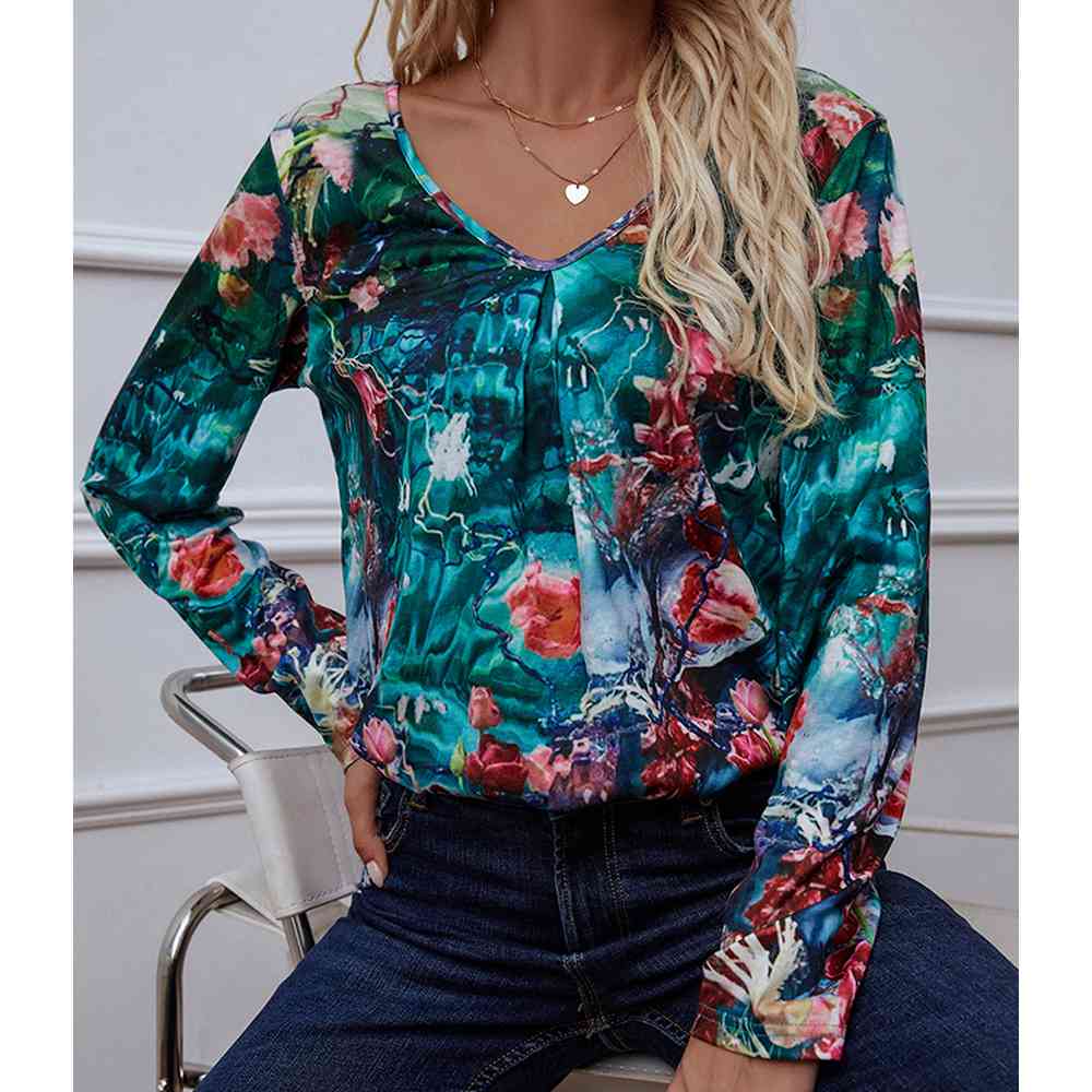 Blouse imprimée à manches longues et col en V