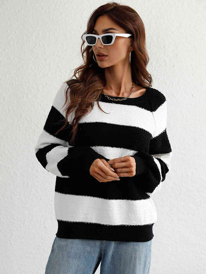 Striped Raglan Sleeve Ribbed Trim Knit Top