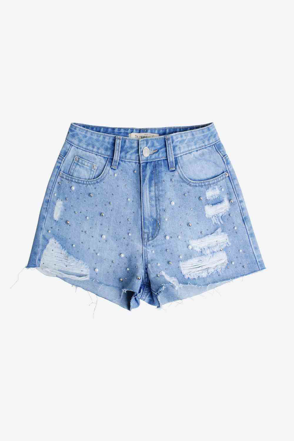 Short en denim perlé pleine taille en détresse