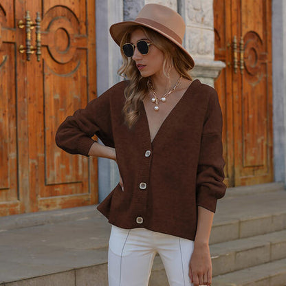 Button Up V-Neck Long Sleeve Cardigan