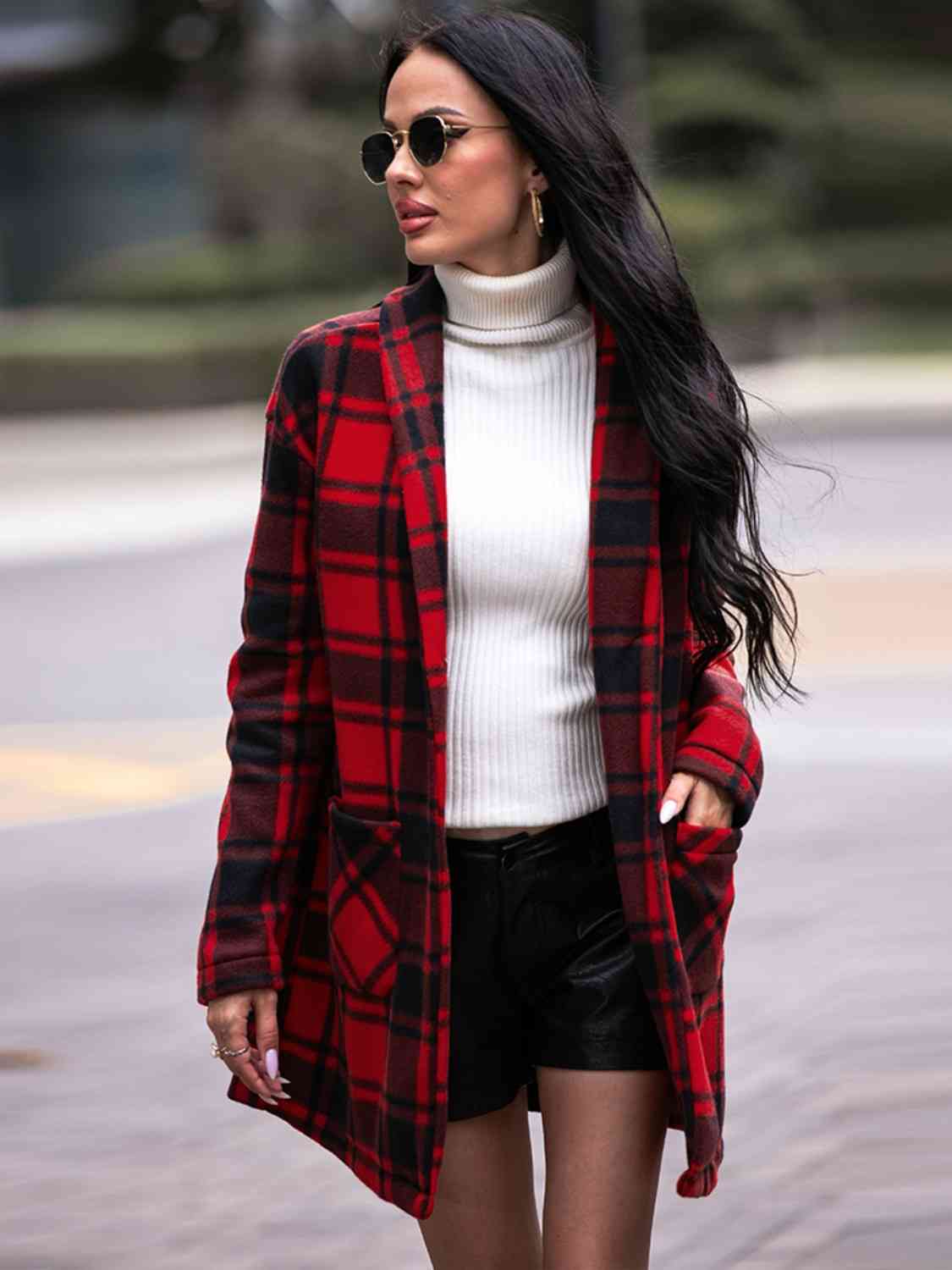 Plaid Shawl Collar Coat with Pockets