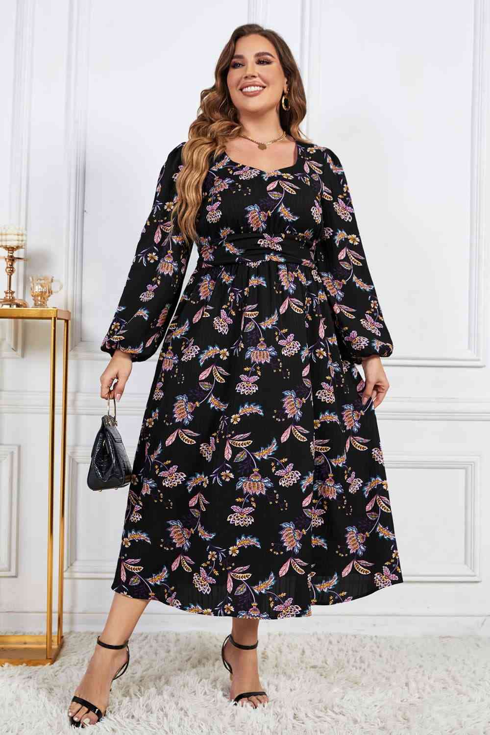 Melo Apparel Robe mi-longue à manches longues et imprimé floral de grande taille