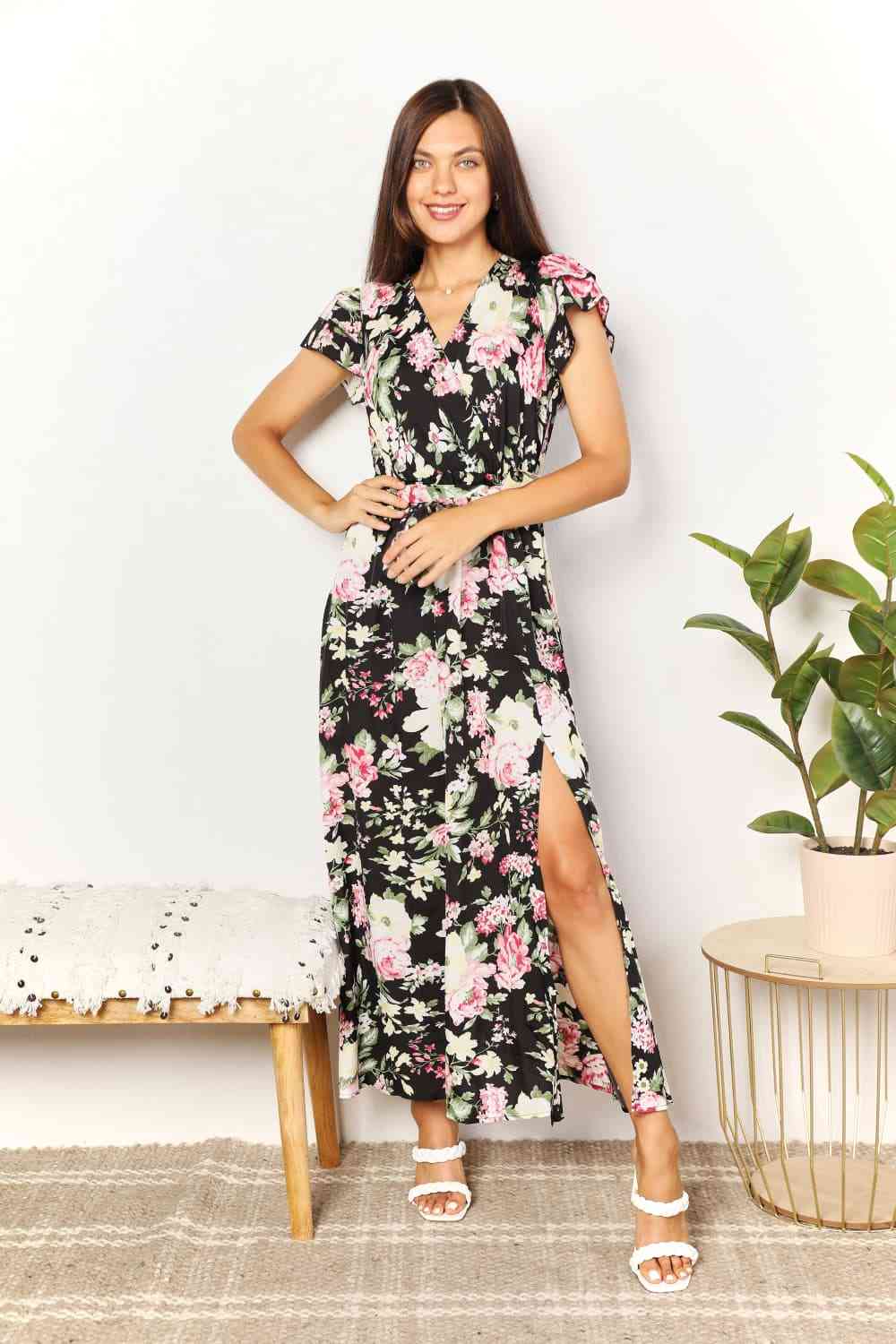 Robe fendue florale à manches flottantes et taille nouée Double Take