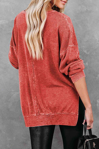 Round Neck Drop Shoulder Slit Sweatshirt