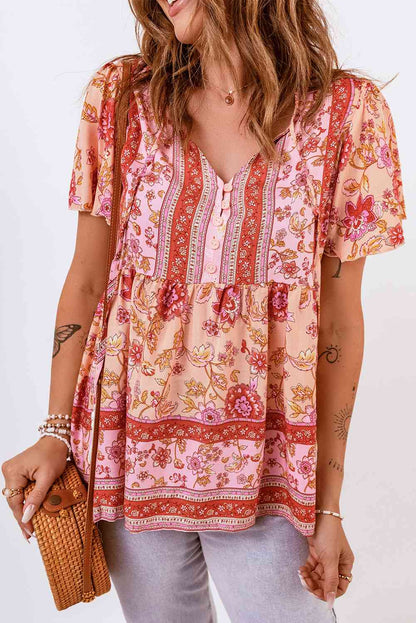 Blusa bohemia de manga corta con botones