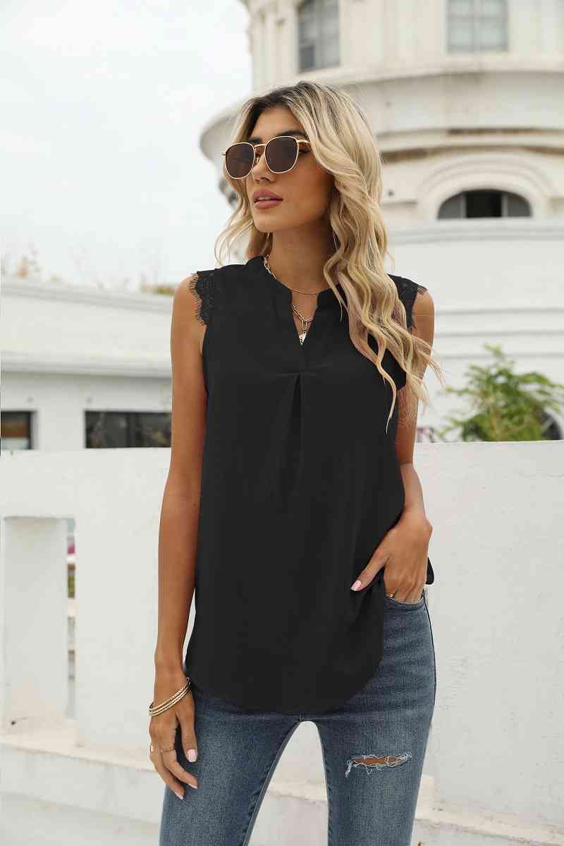 Eyelash Trim Spliced Lace Sleeveless Top