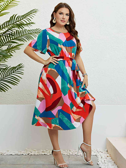 Plus Size Printed Round Neck Tie Belt Dress