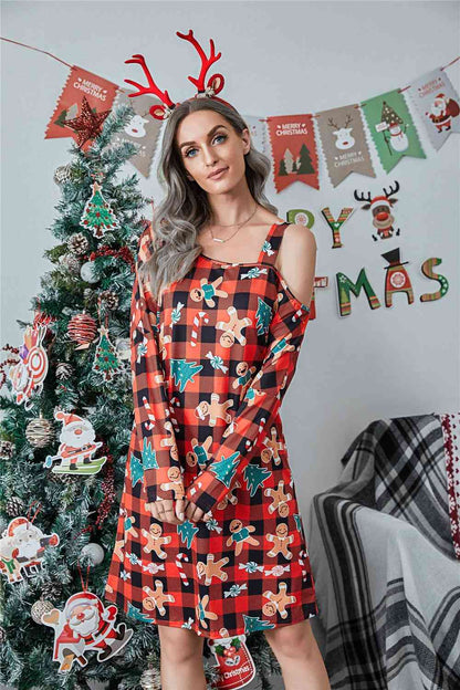 Vestido navideño de manga larga con cuello asimétrico