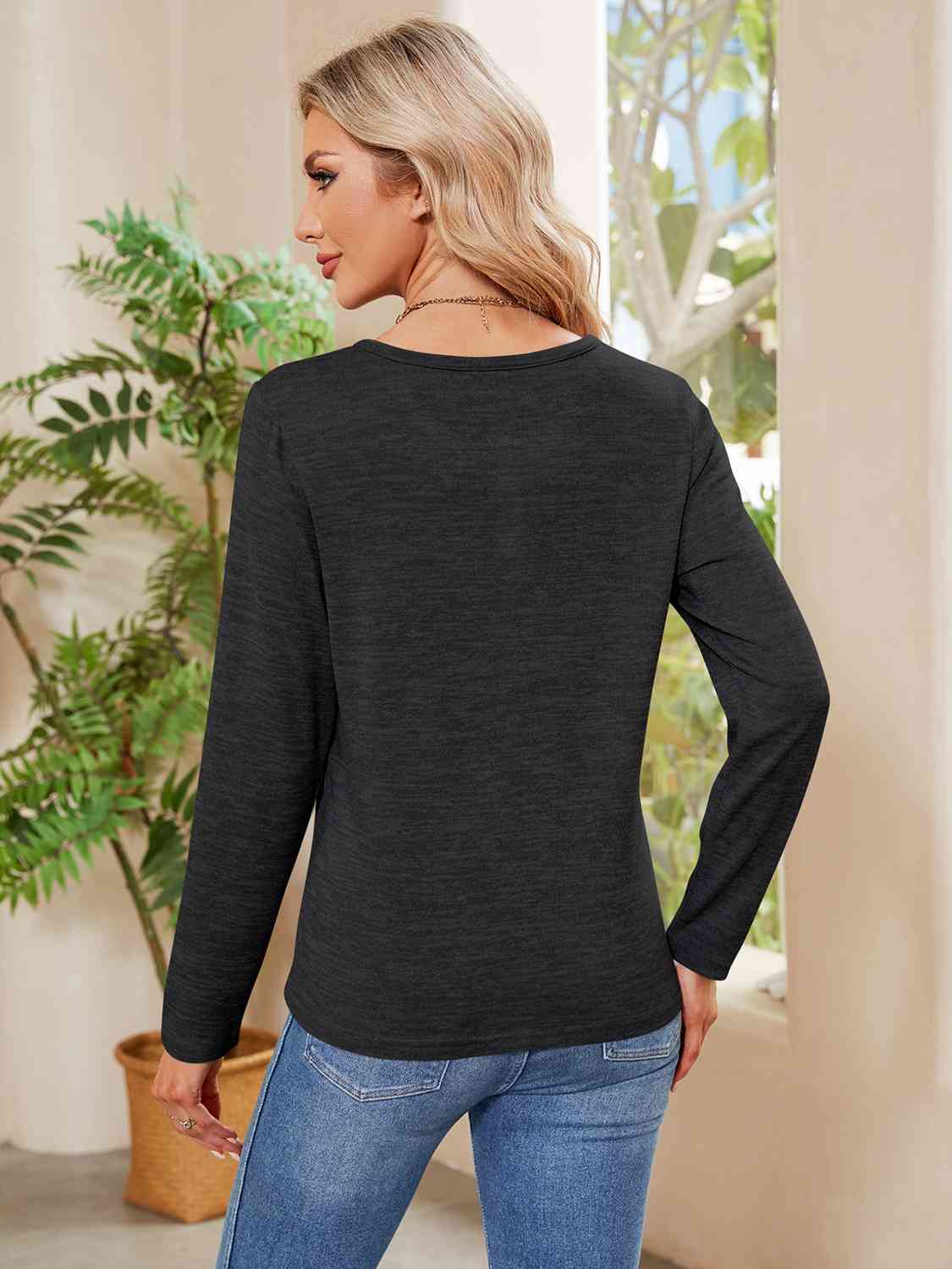 Buttoned Round Neck  Long Sleeve T-Shirt